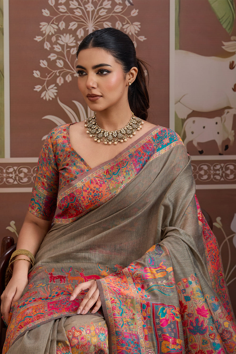 Brown Pashmani Design Saree With Blouse