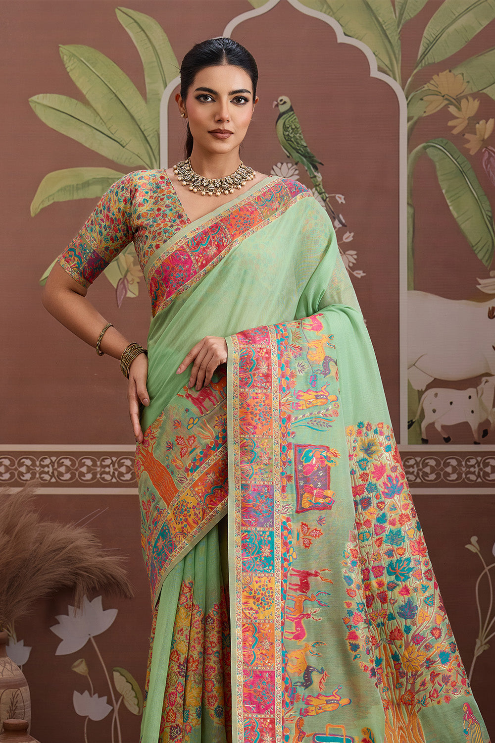 Light Green Pashmani Design Saree With Blouse