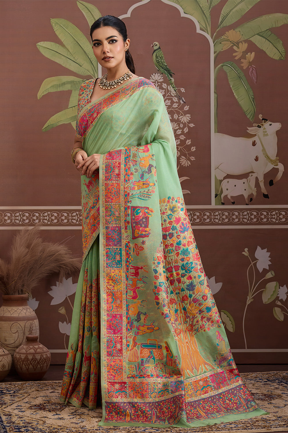 Light Green Pashmani Design Saree With Blouse