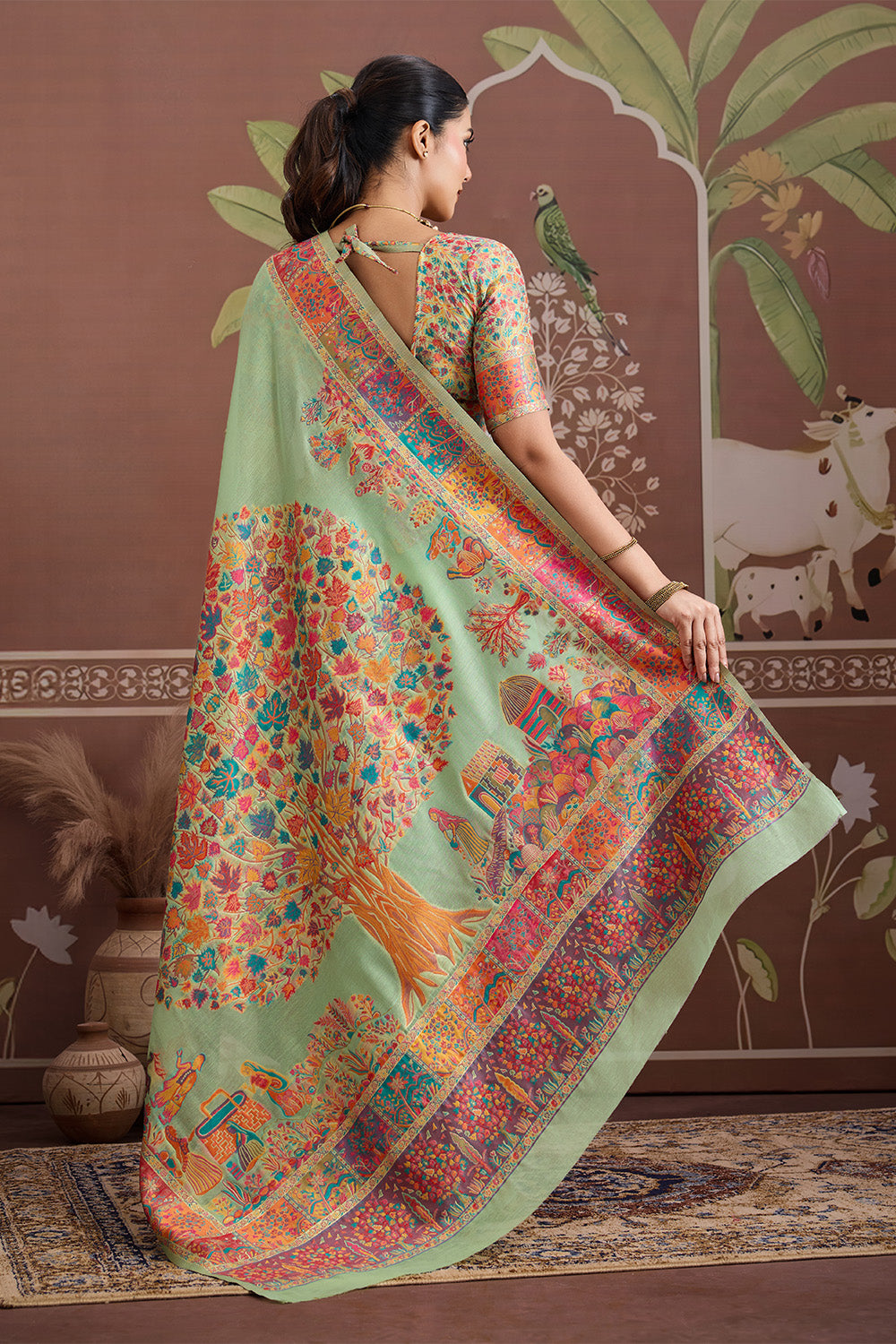 Light Green Pashmani Design Saree With Blouse