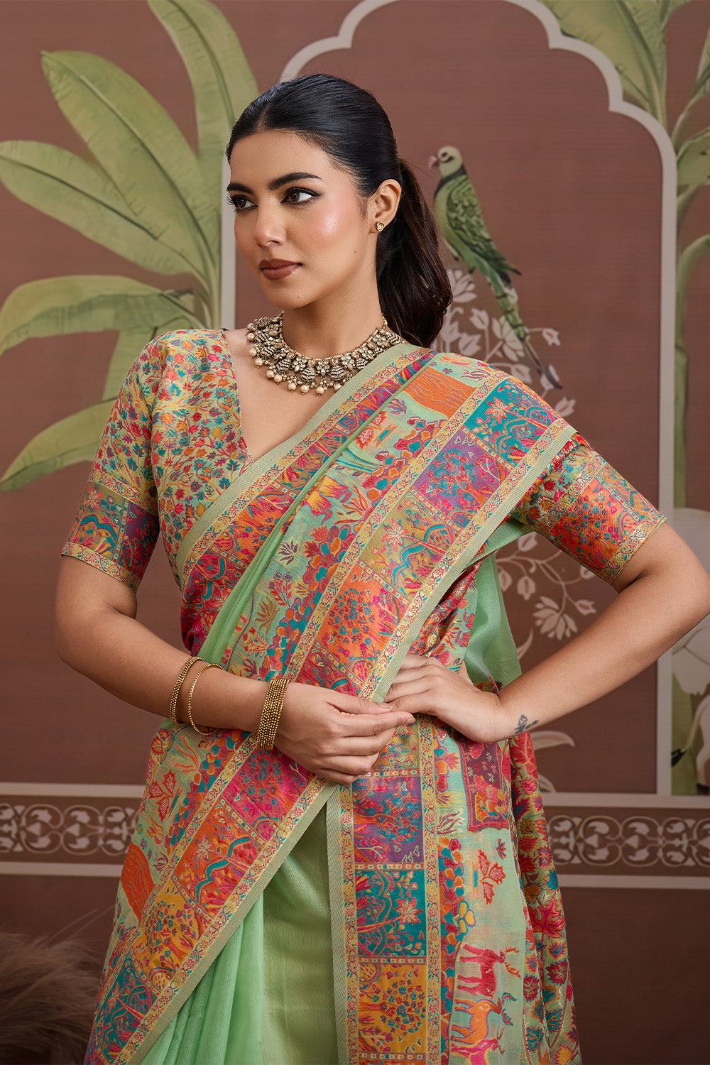 Light Green Pashmani Design Saree With Blouse