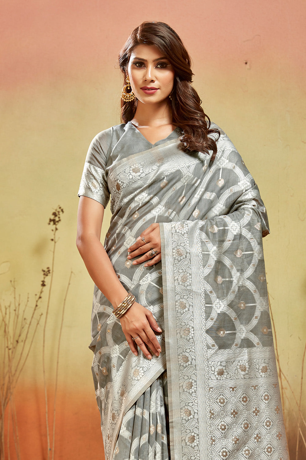 Grey Banarasi organza saree with silver zari detail