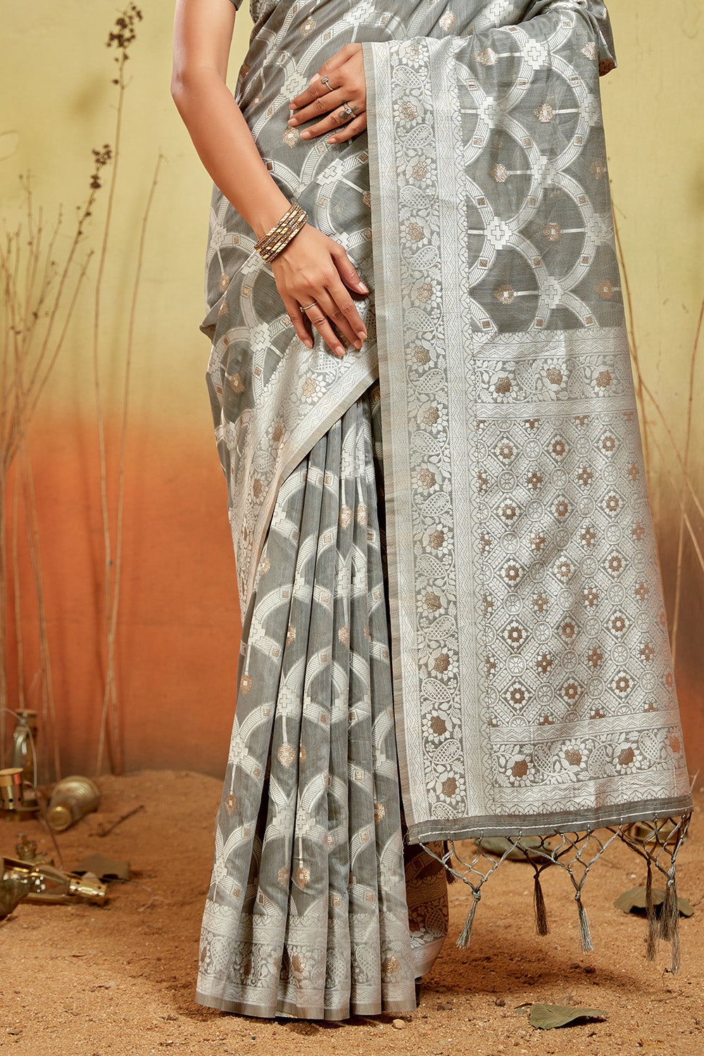 Grey Banarasi organza saree with silver zari detail