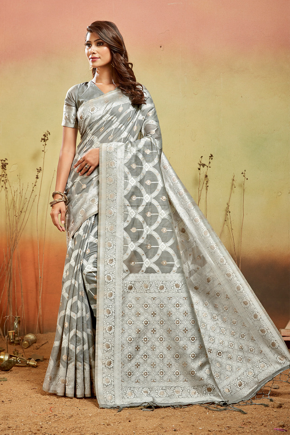 Grey Banarasi organza saree with silver zari detail