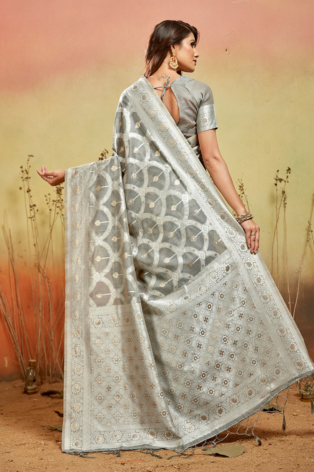 Grey Banarasi organza saree with silver zari detail