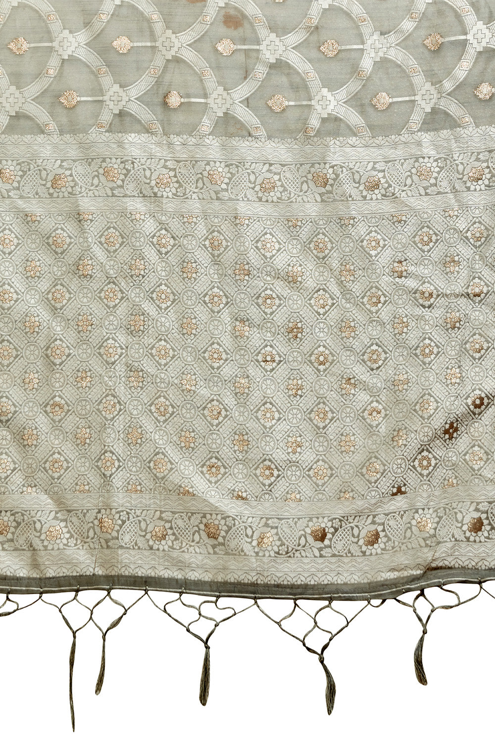 Grey Banarasi organza saree with silver zari detail