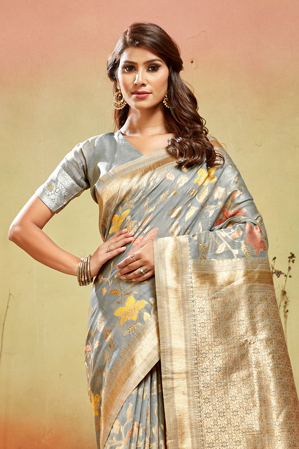 Grey Banarasi organza saree with golden zari detail