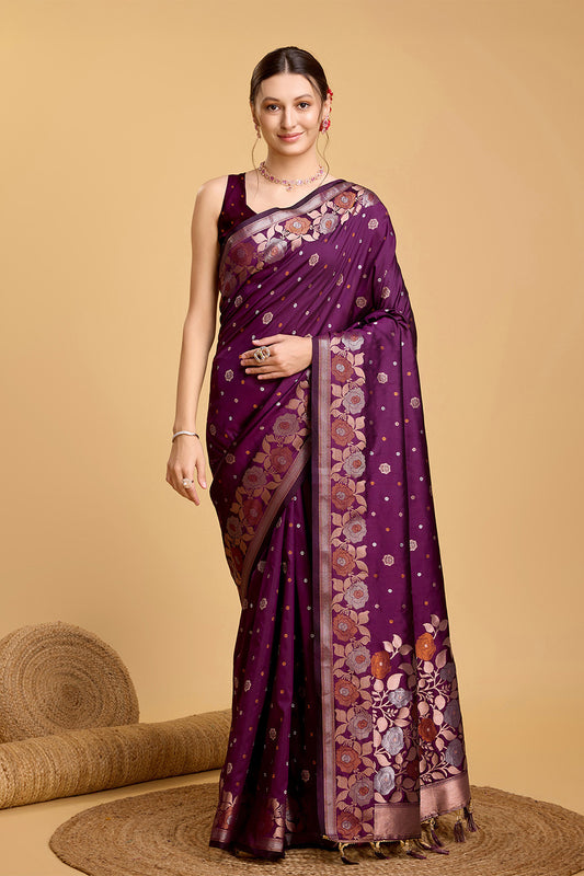 Maroon Floral Motif Saree With Tassel And Blouse