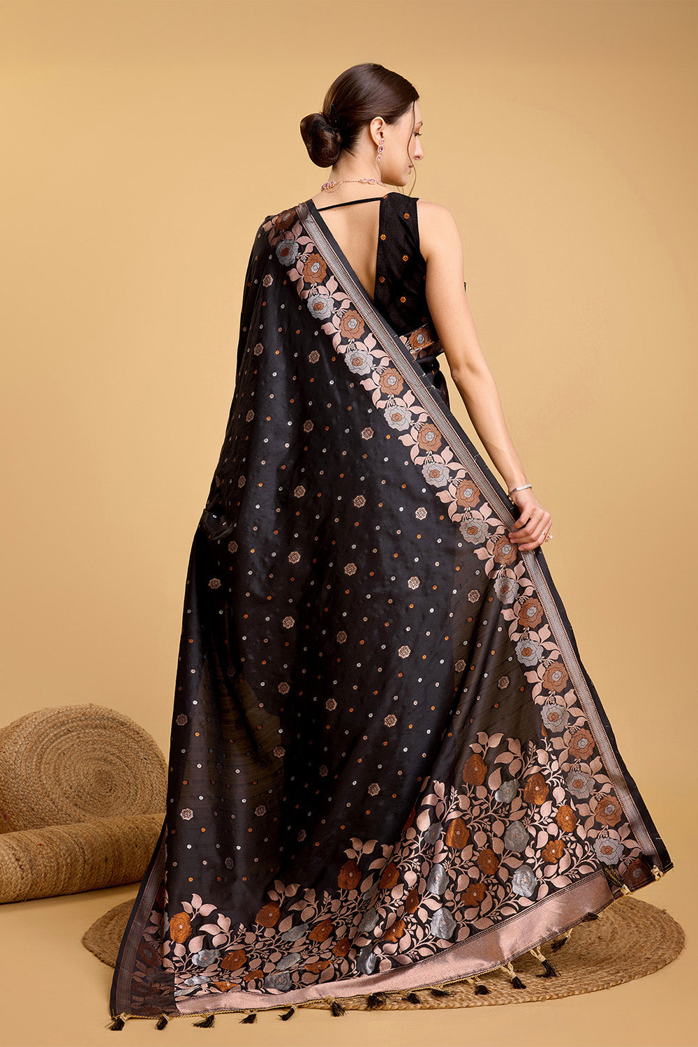 Black Floral Motif Saree With Tassel And Blouse