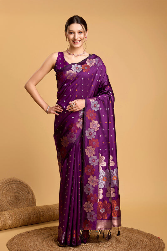 Maroon Floral Motif Saree With Tassel And Blouse