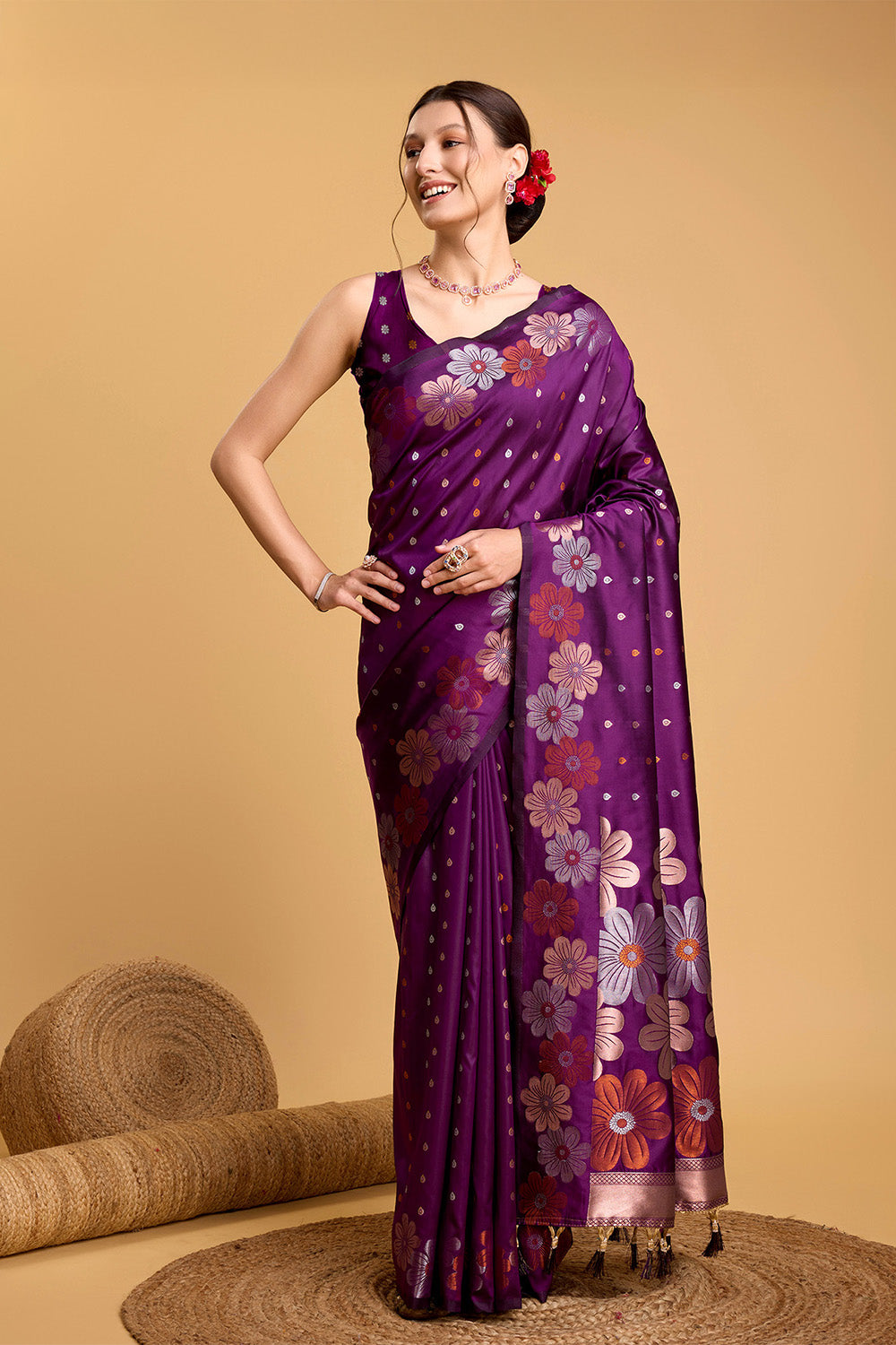 Maroon Floral Motif Saree With Tassel And Blouse