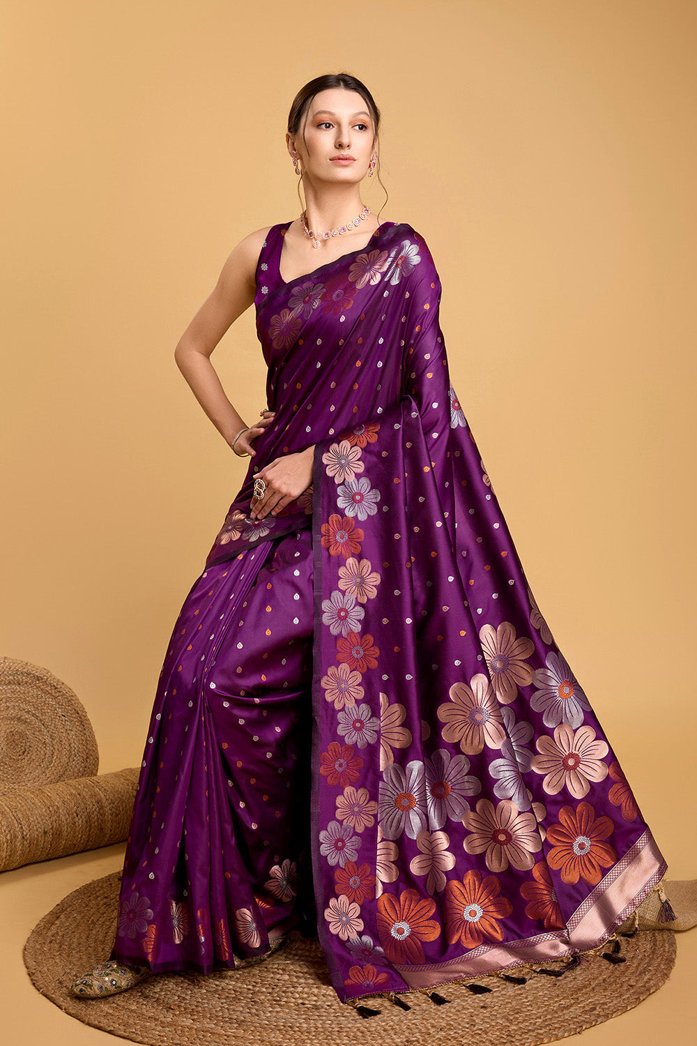 Maroon Floral Motif Saree With Tassel And Blouse