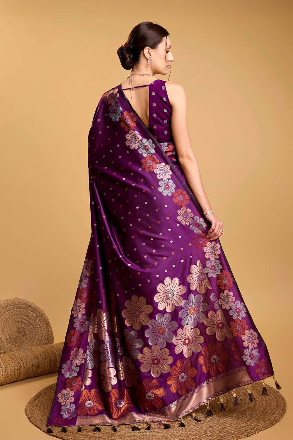 Maroon Floral Motif Saree With Tassel And Blouse