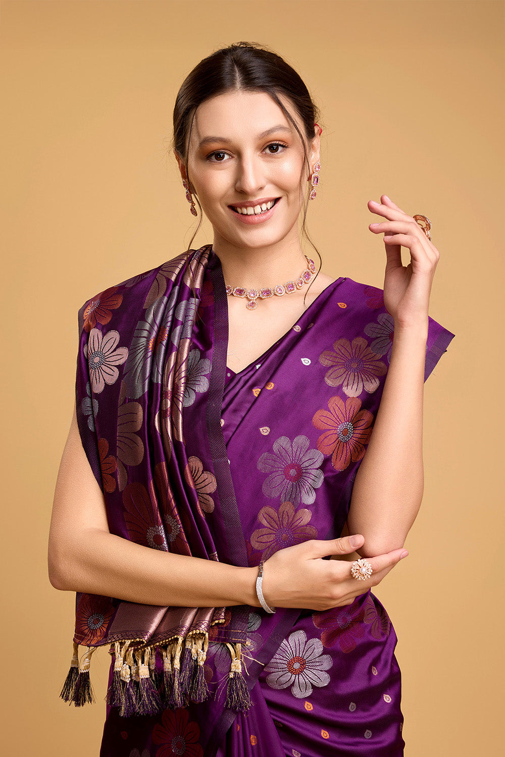Maroon Floral Motif Saree With Tassel And Blouse