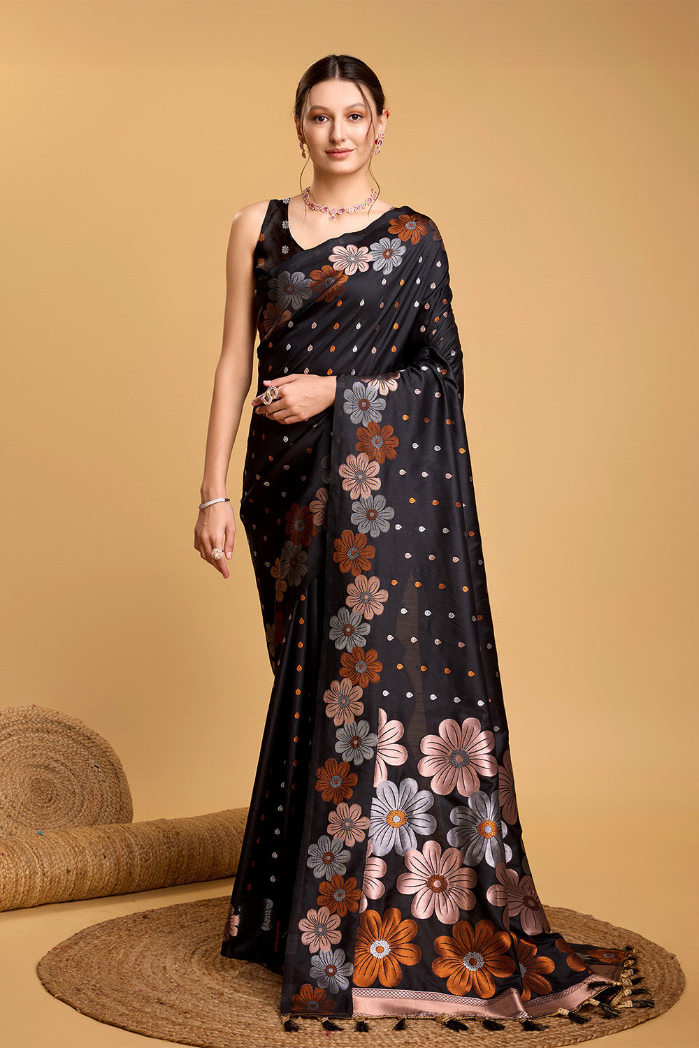 Black Floral Motif Saree With Tassel And Blouse