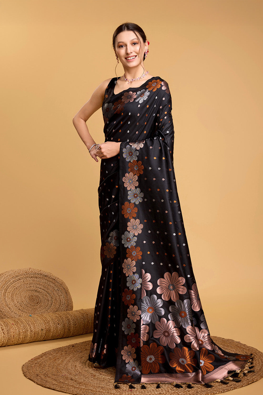 Black Floral Motif Saree With Tassel And Blouse