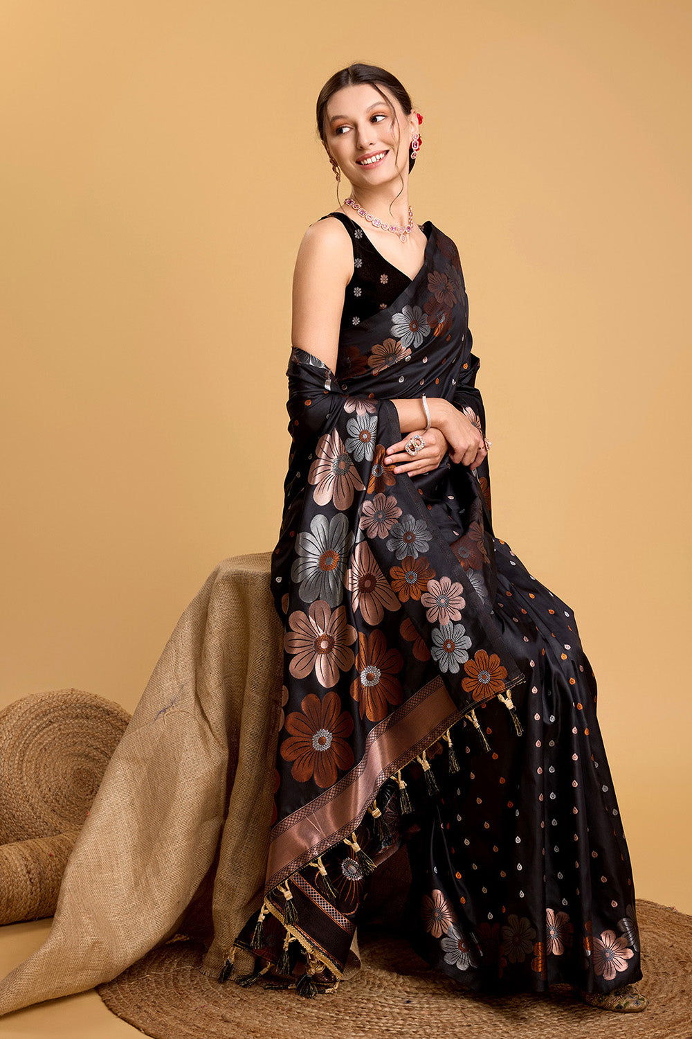 Black Floral Motif Saree With Tassel And Blouse