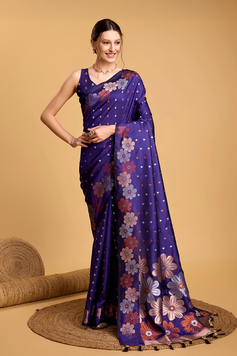 Blue Floral Motif Saree With Tassel And Blouse
