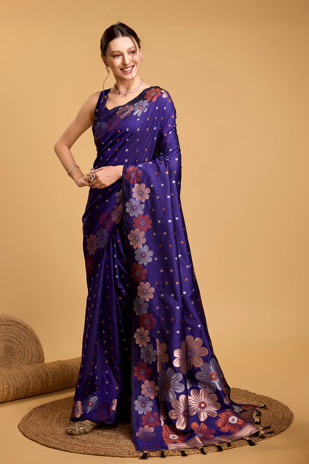 Blue Floral Motif Saree With Tassel And Blouse