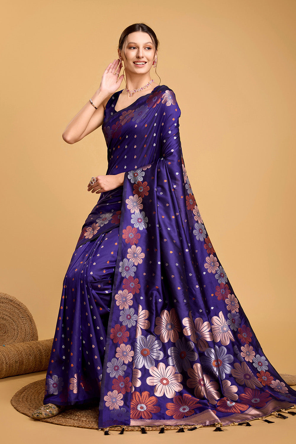 Blue Floral Motif Saree With Tassel And Blouse