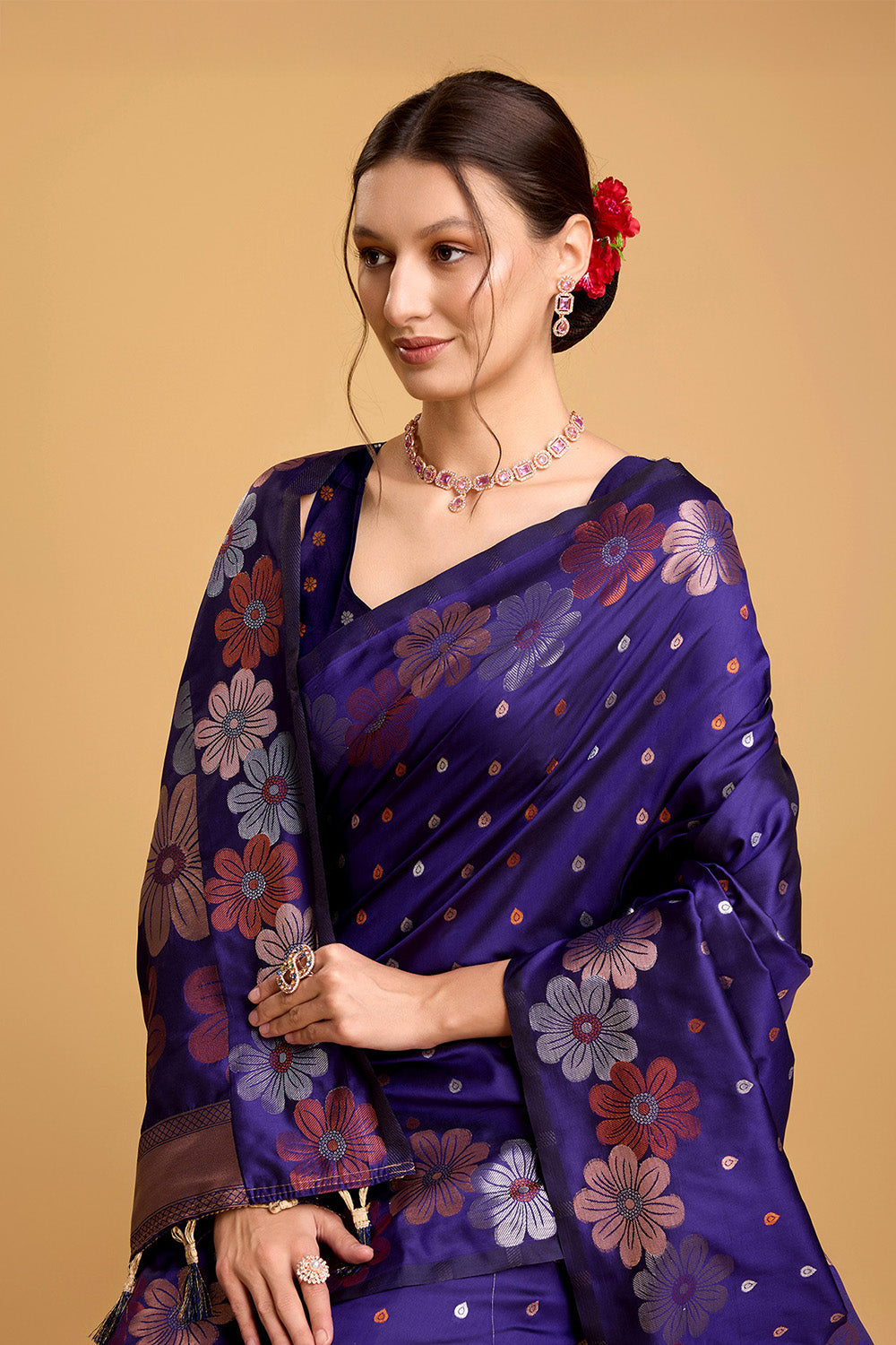 Blue Floral Motif Saree With Tassel And Blouse