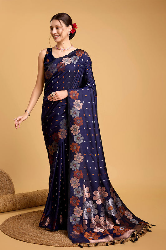 Dark Blue Floral Motif Saree With Tassel And Blouse
