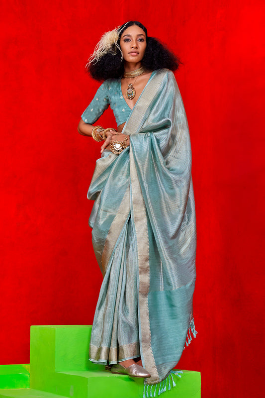 Dusty Blue Viscose Zari Tissue Saree With Blouse