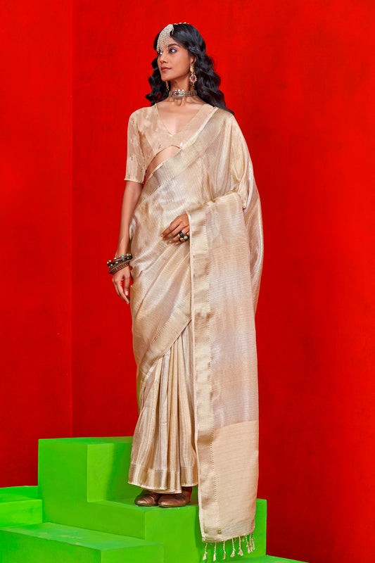 Dusty Beige Viscose Zari Tissue Saree With Blouse