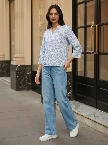 White Manderian Collar 3/4 Sleeve Top