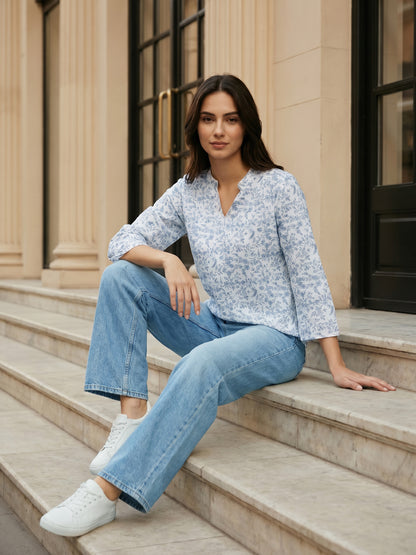 White Manderian Collar 3/4 Sleeve Top