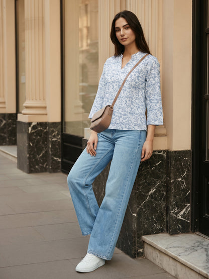 White Manderian Collar 3/4 Sleeve Top