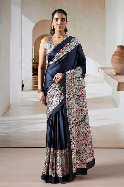 Black Printed Ajarakh Satin Crepe Saree