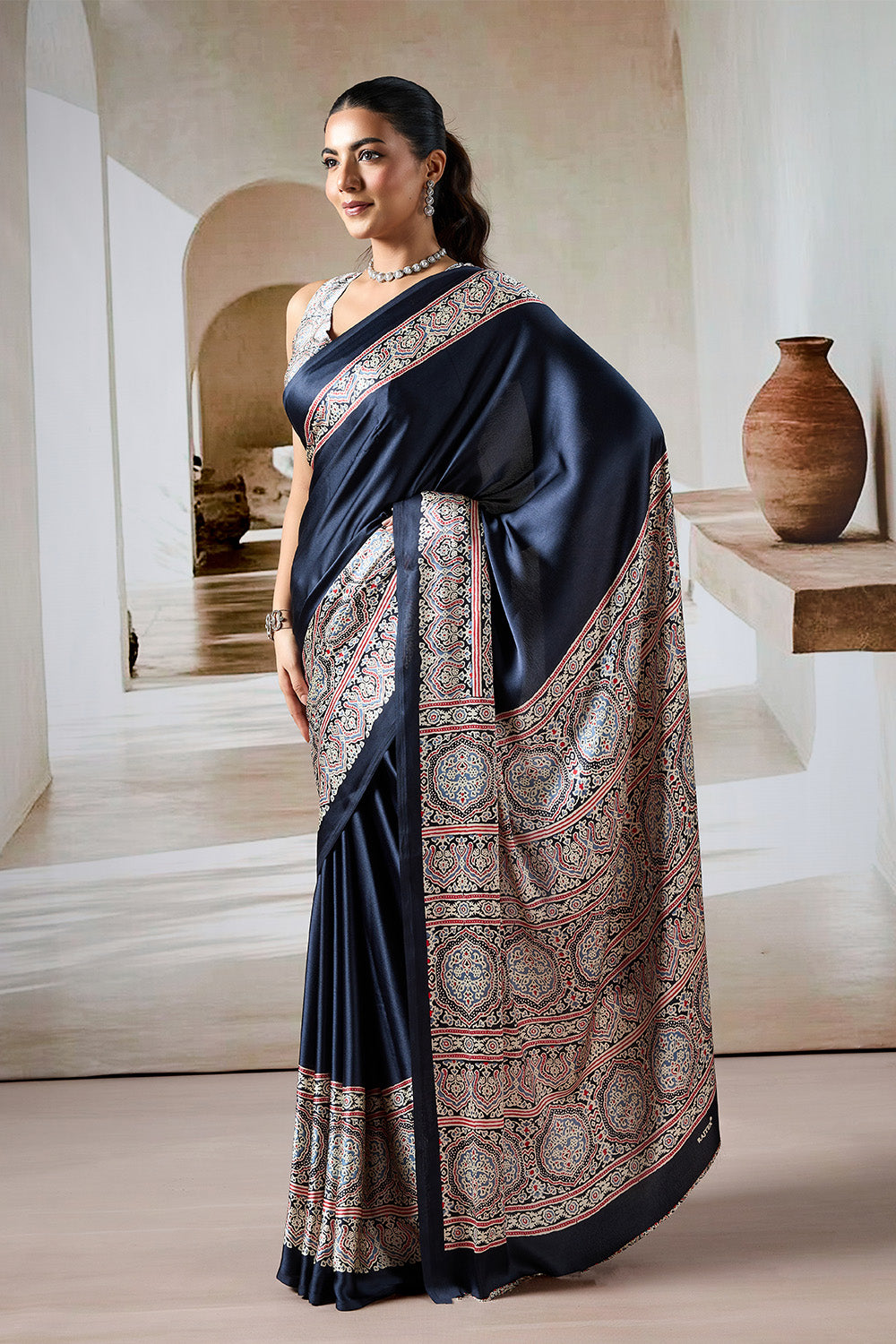 Black Printed Ajarakh Satin Crepe Saree