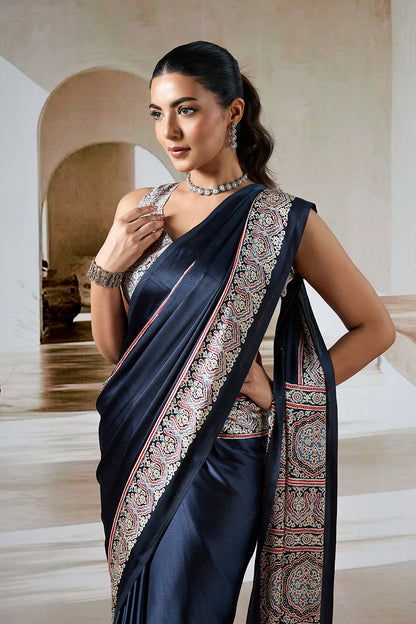 Black Printed Ajarakh Satin Crepe Saree