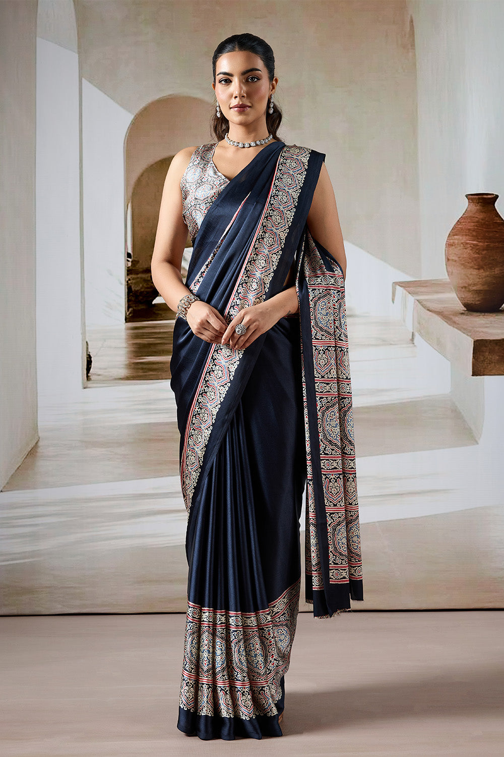 Black Printed Ajarakh Satin Crepe Saree