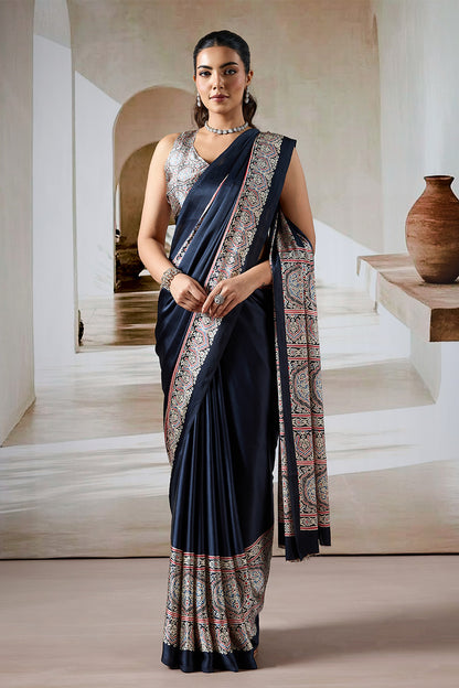 Black Printed Ajarakh Satin Crepe Saree