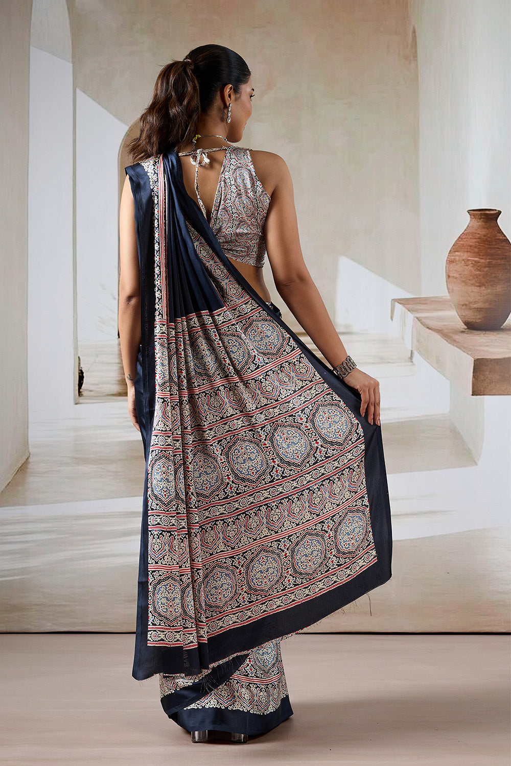 Black Printed Ajarakh Satin Crepe Saree