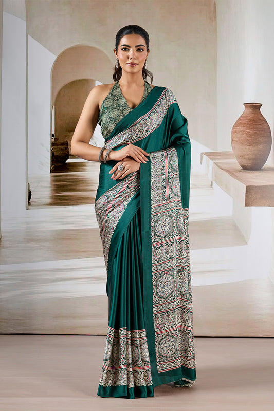 Green Printed Ajarakh Satin Crepe Saree