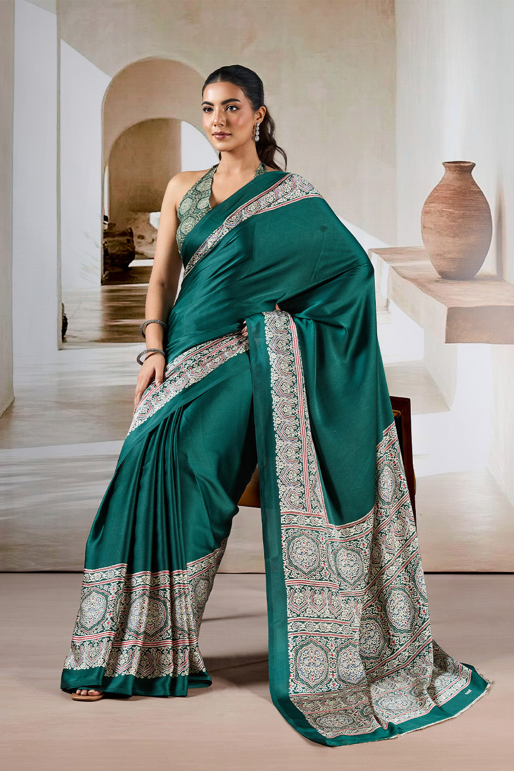 Green Printed Ajarakh Satin Crepe Saree