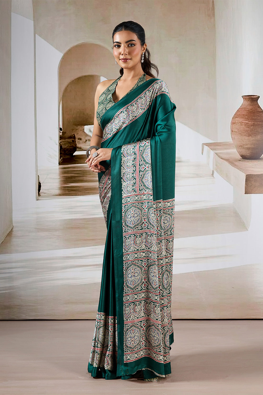 Green Printed Ajarakh Satin Crepe Saree