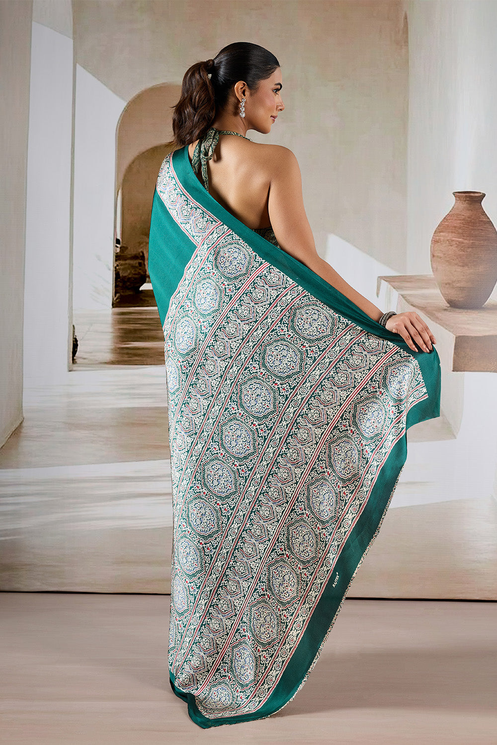 Green Printed Ajarakh Satin Crepe Saree