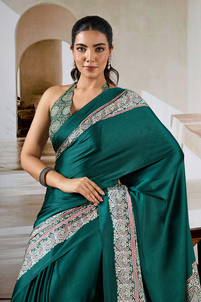 Green Printed Ajarakh Satin Crepe Saree