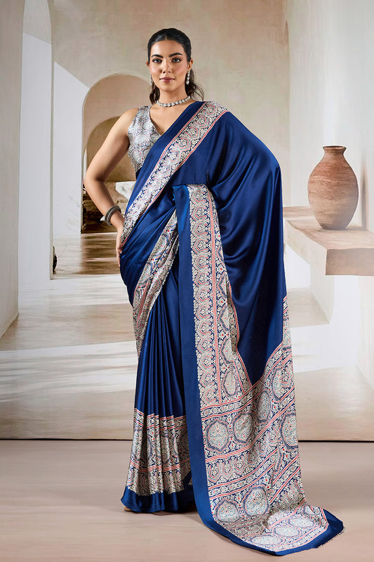 Navy Printed Ajarakh Satin Crepe Saree