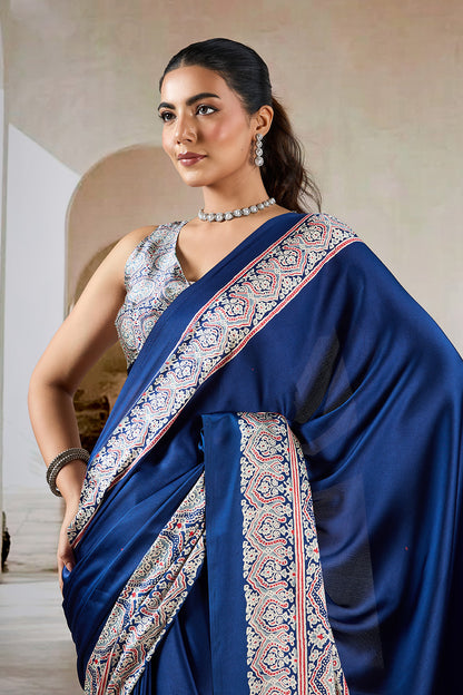 Navy Printed Ajarakh Satin Crepe Saree