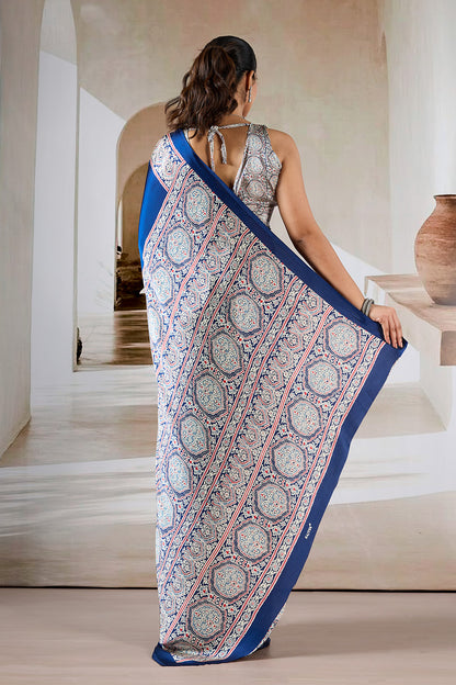 Navy Printed Ajarakh Satin Crepe Saree