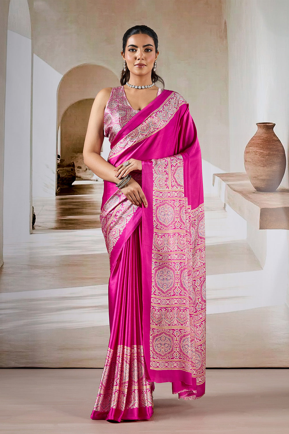 Pink Printed Ajarakh Satin Crepe Saree