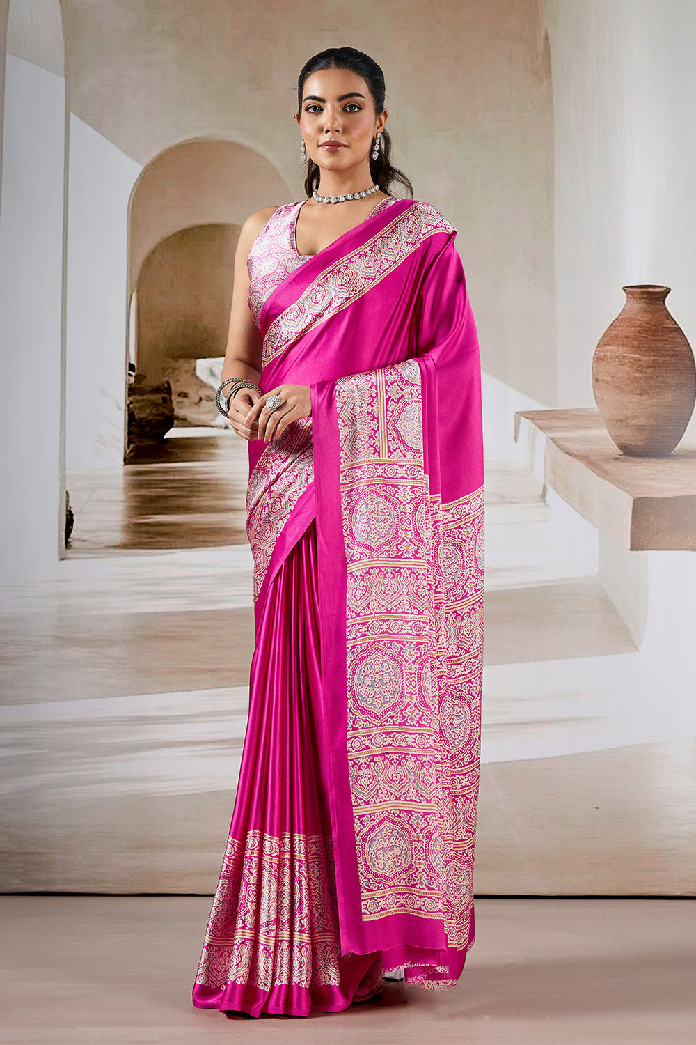 Pink Printed Ajarakh Satin Crepe Saree