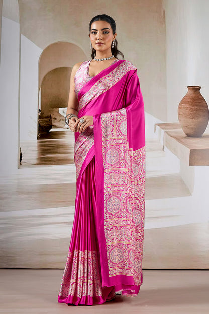 Pink Printed Ajarakh Satin Crepe Saree