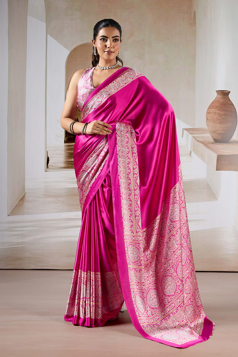 Pink Printed Ajarakh Satin Crepe Saree