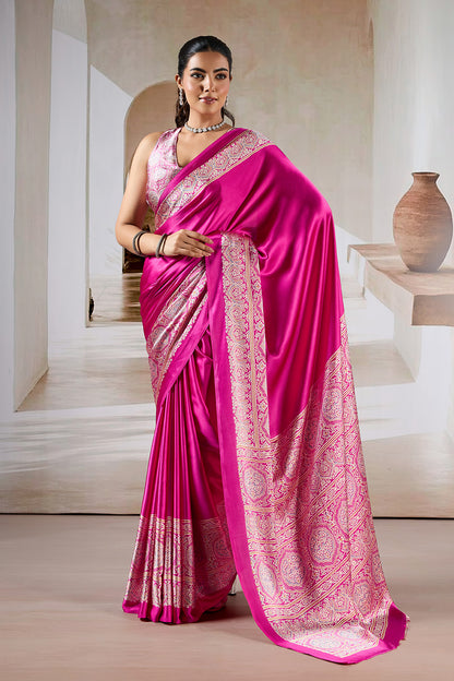 Pink Printed Ajarakh Satin Crepe Saree